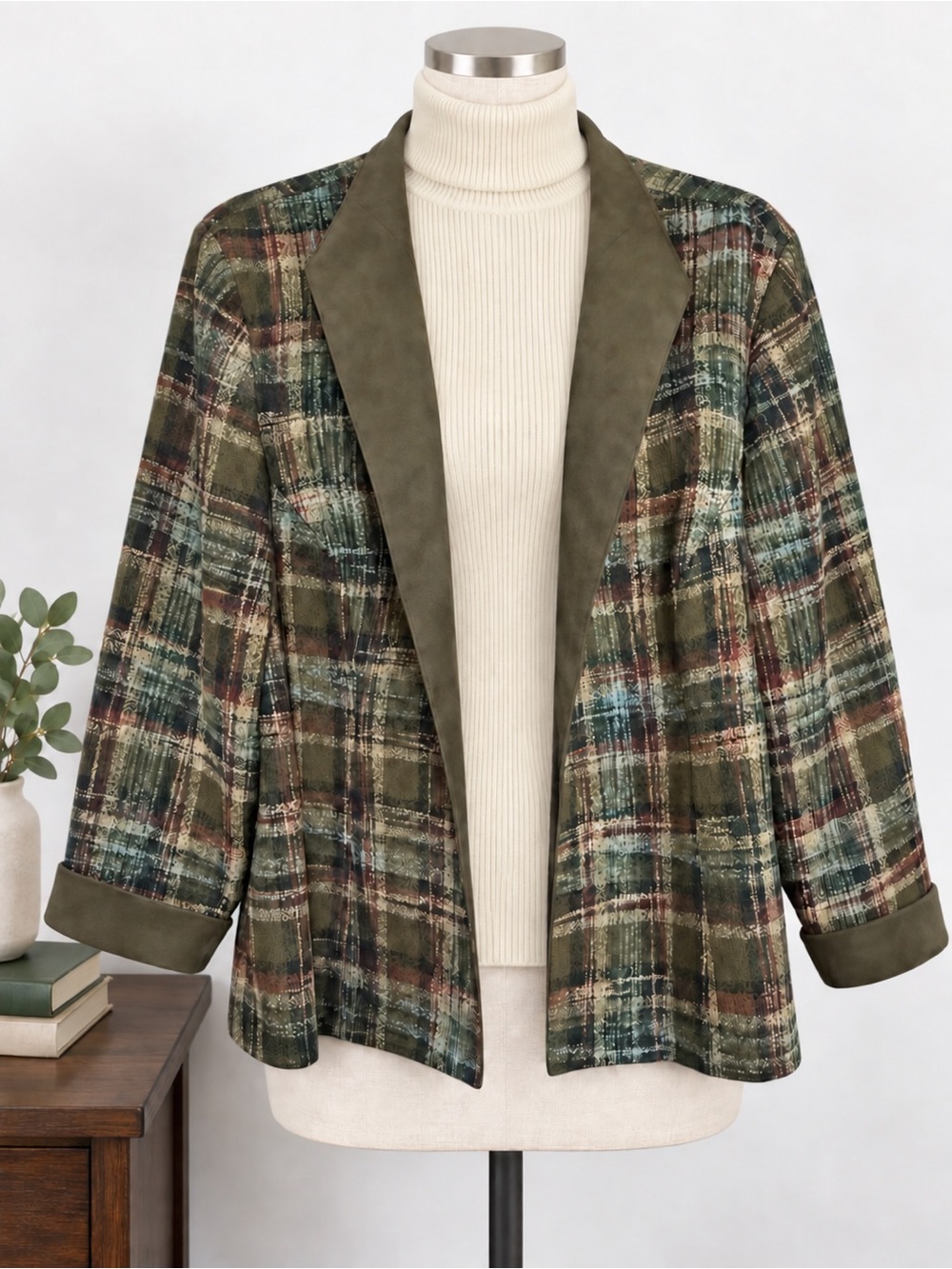 Vintage 90s Olive Plaid Blazer Faux Suede Trim English Country Dark Academia 2X